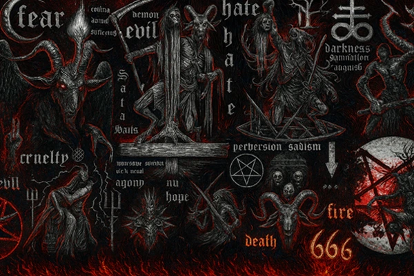 imbol horor gelap penuh makhluk menyeramkan dan ikon okultisme yang mencerminkan aspek psikologis dalam film horor modern.