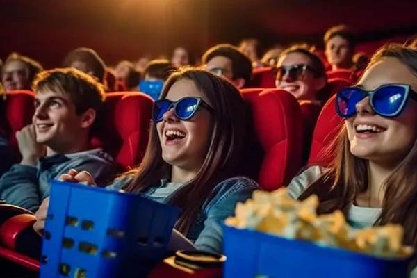 penonton menikmati film komedi dengan humor cerdas di bioskop